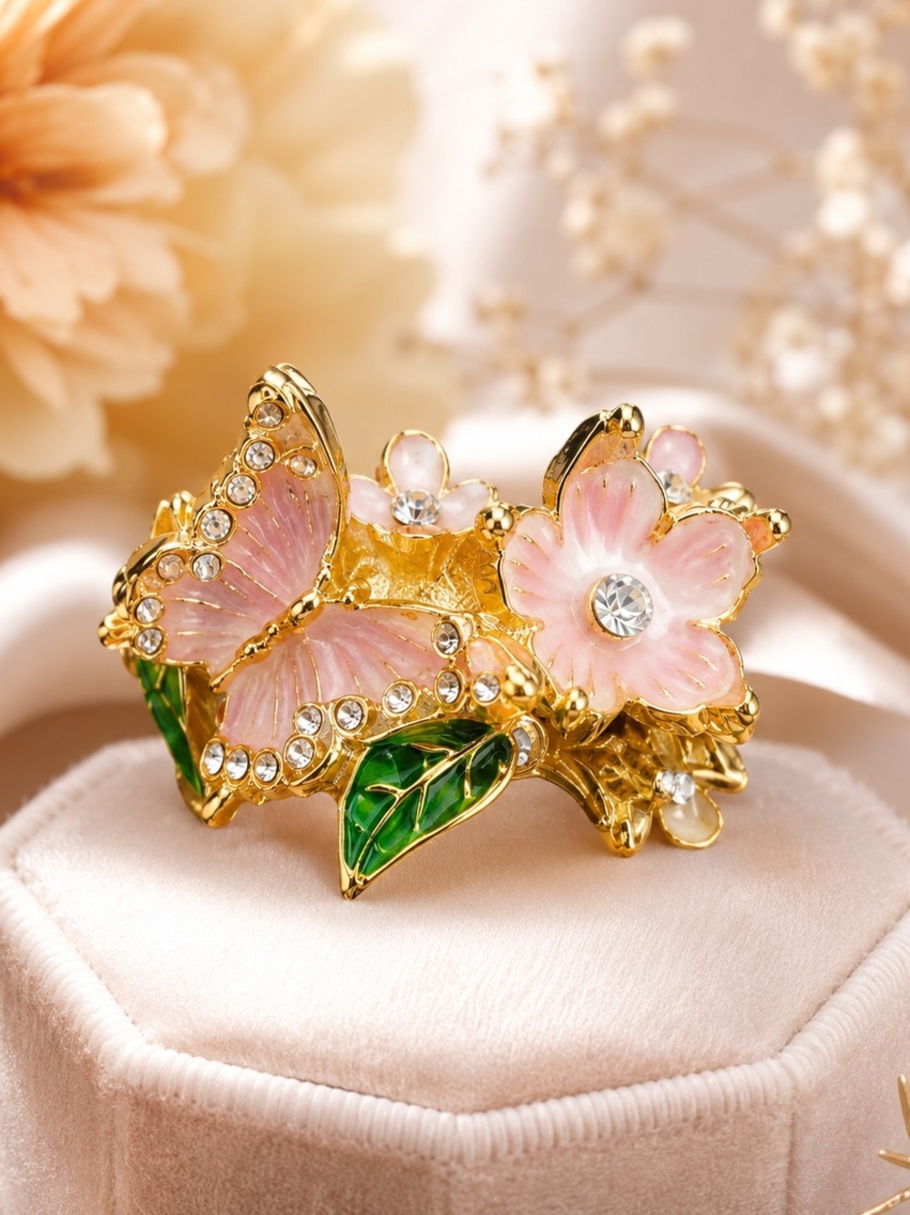 Gold Floral & Butterfly Ring with Pink Enamel and Green Leaves